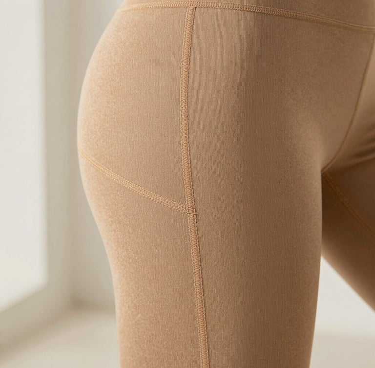 Close-up macro shot of flat-lock stitching on a warm-sand colored activewear legging, highlighting the precise, seamless construction and fabric texture, soft natural daylight, minimalist background, shallow depth of field.