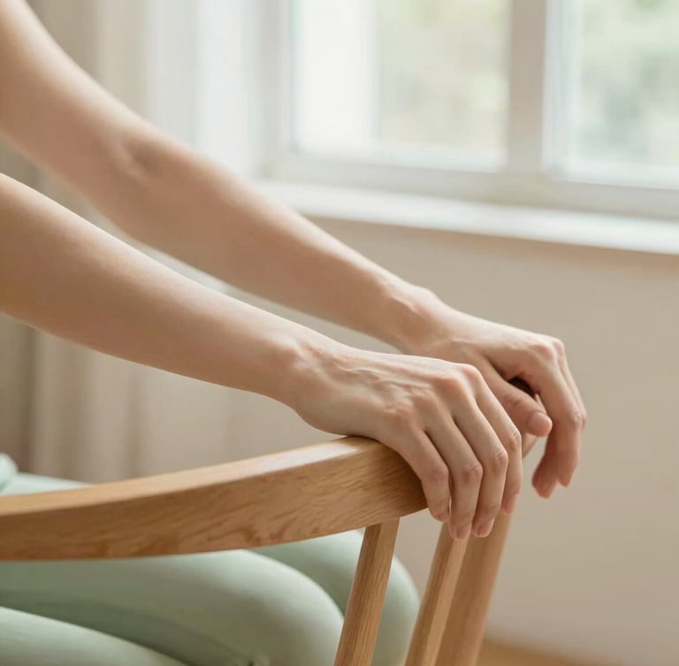 A close-up editorial shot of a person's hands resting on a wooden chair during a gentle stretching routine, soft focus, warm beige and sage green color palette, natural window light.