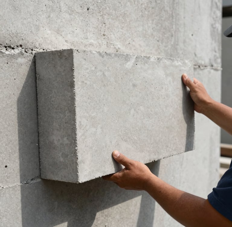 Straight-on technical shot of a worker's hands placing a large 1m by 0.5m concrete foam block on a wall, visible cellular texture of the concrete under bright direct sunlight.