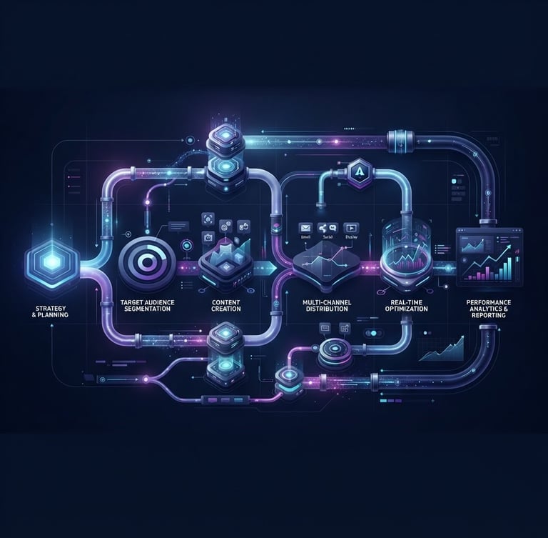Sleek digital UI illustration showing a structured campaign pipeline, cool ambient studio light with deep purple accents, dark navy background, crisp high-fidelity render