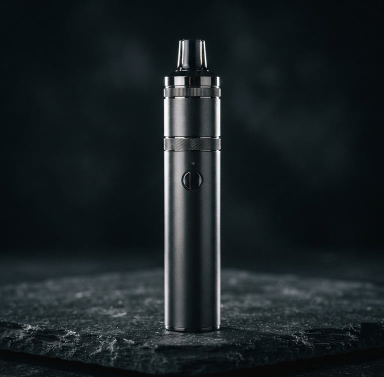 Sleek metallic vape device on a dark textured pedestal, sharp rim lighting, deep shadows, premium consumer electronics style