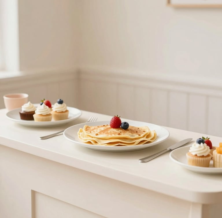 Bright editorial photography of a minimalist, beautifully styled gourmet crepe station at a high-end kids party, soft natural light, warm cream tones.