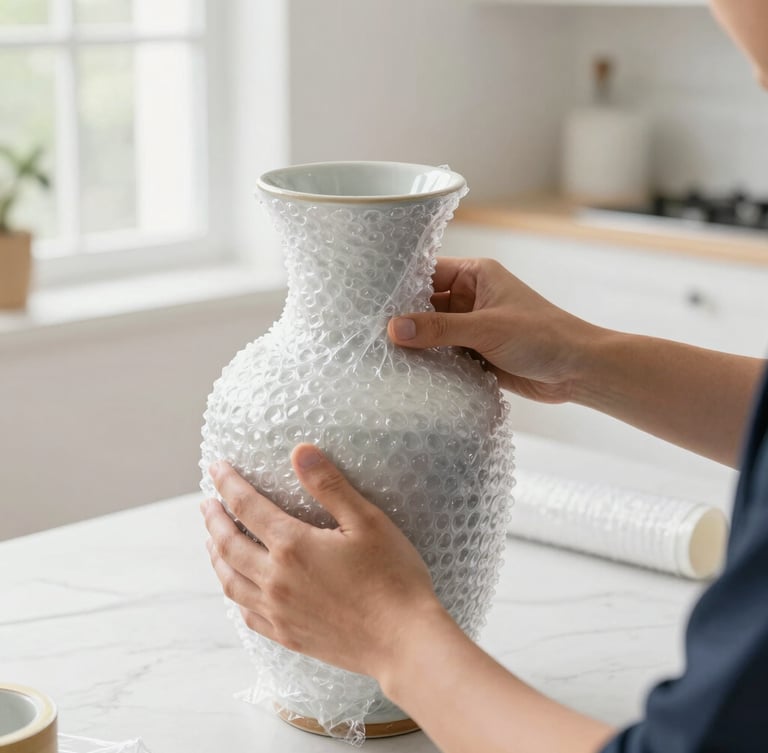 A close-up shot of professional hands carefully wrapping a fragile ceramic vase with thick bubble wrap and secure tape inside a bright, clean villa.