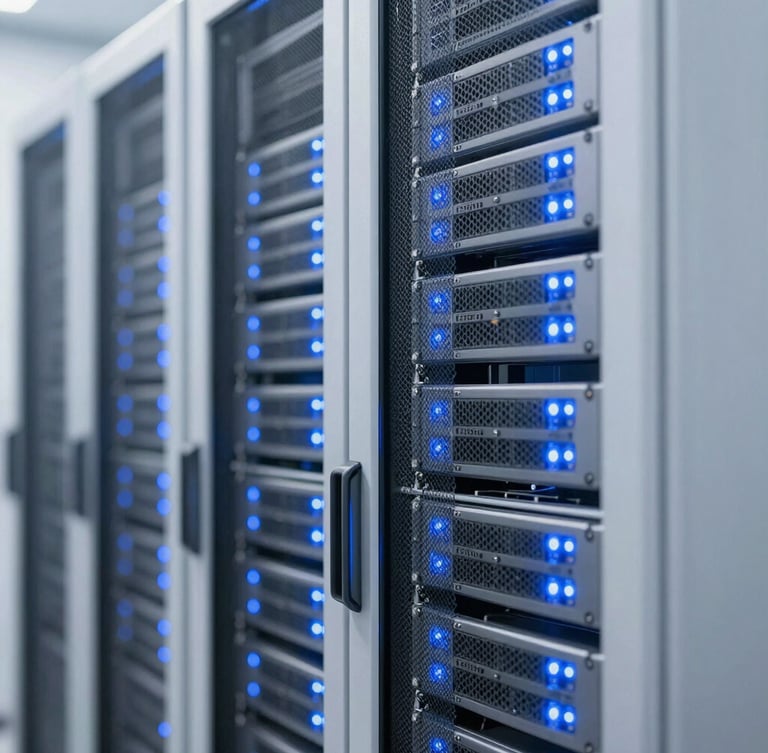 Macro photography of clean server racks in a Jakarta data center with glowing blue LED indicators, bright high-tech studio lighting, sharp focus