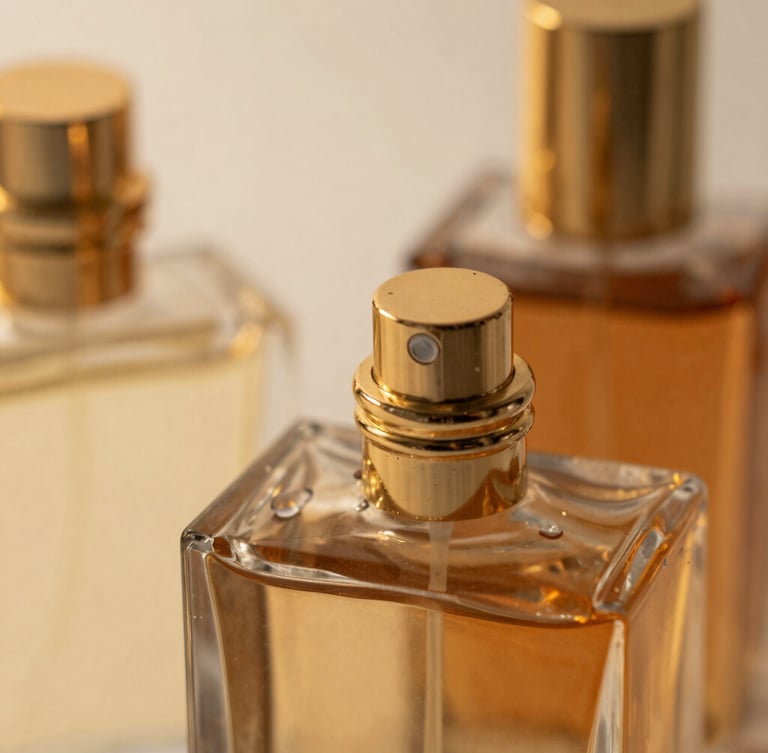 Macro close-up of heavy glass perfume bottles with gold caps, warm golden-hour side-light, rich white gold and brown tones, macro depth of field.