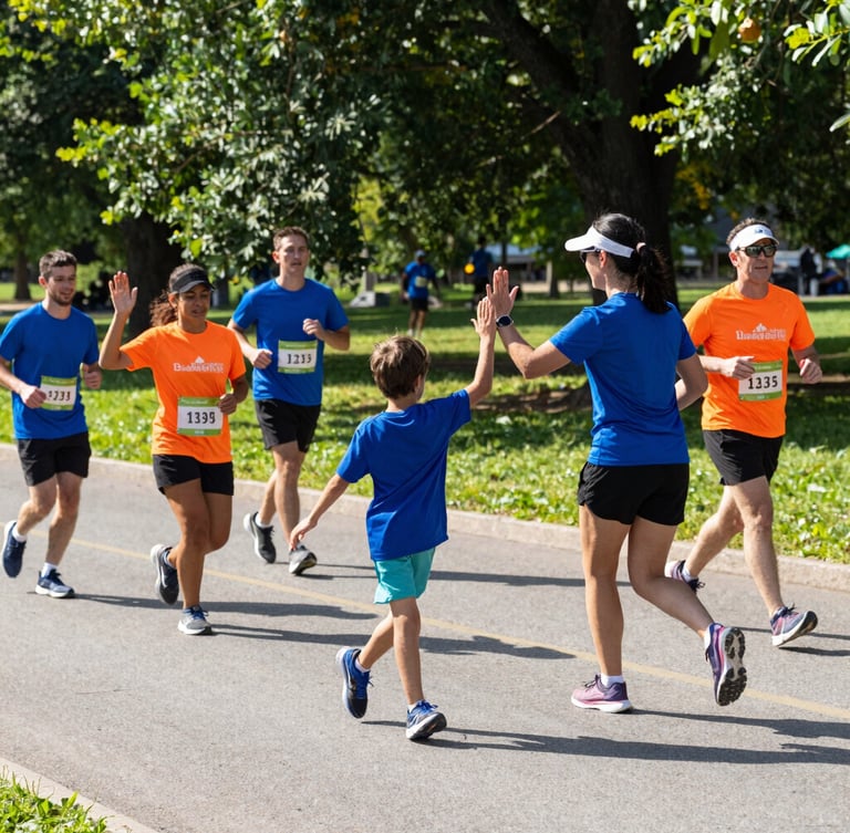 A family high-fiving during a local fun run, bright natural daylight, vibrant active mood, outdoor park setting, 35mm.