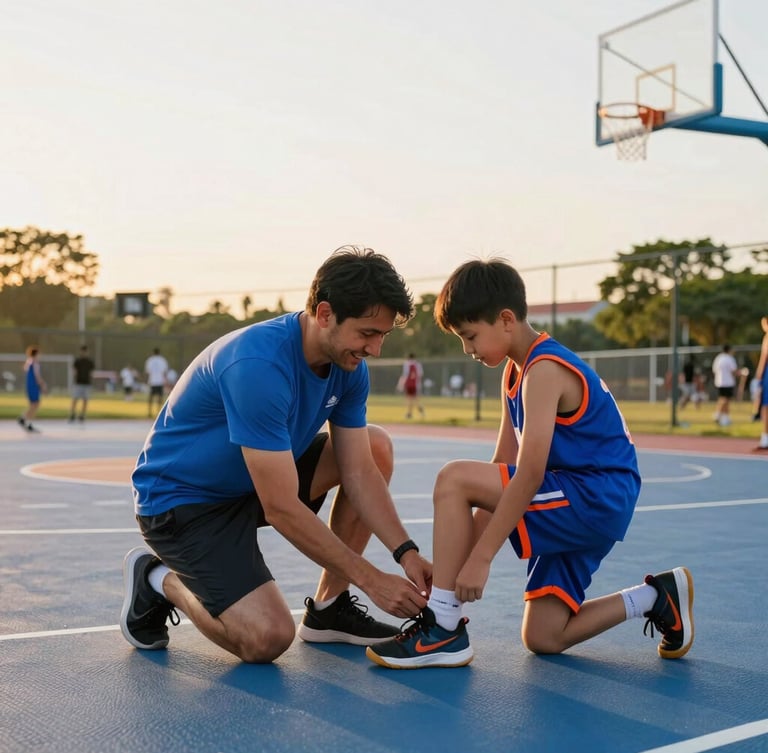 A friendly volunteer coach kneeling to tie a young player's shoe on an outdoor basketball court, warm golden hour light, authentic.