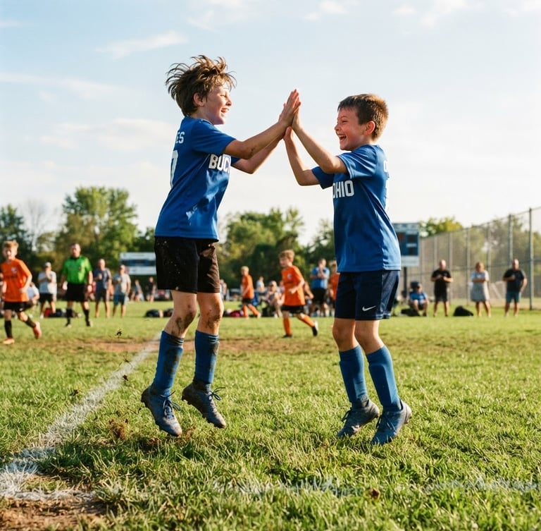 Dynamic low-angle shot of local Ohio youth soccer players high-fiving on a vibrant green grass field, bright afternoon sun, action-packed 35mm photography