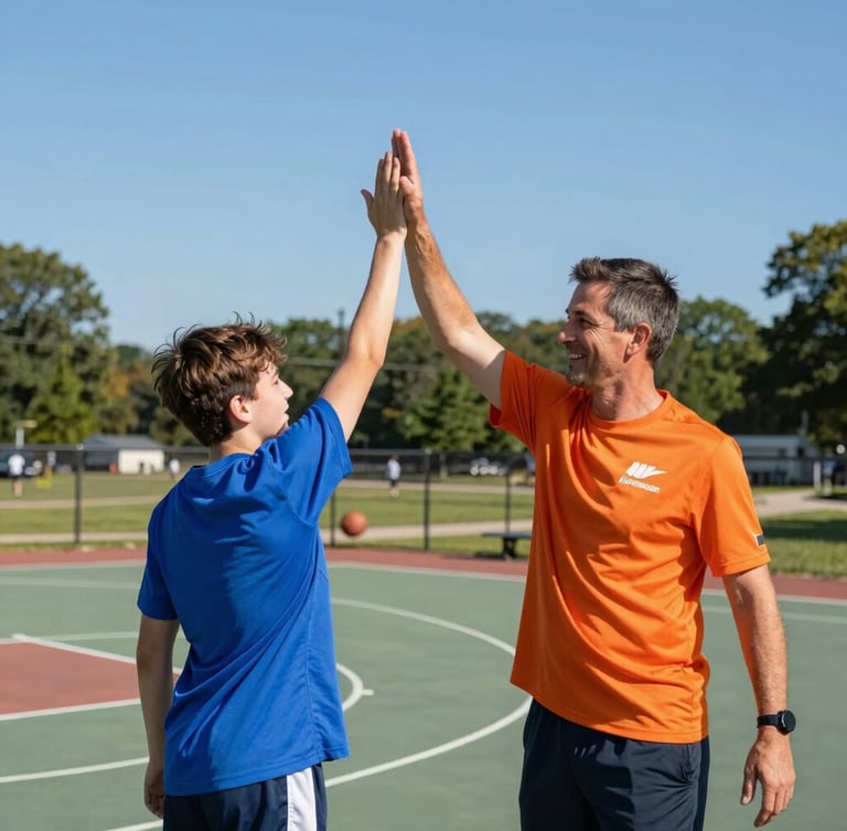 Candid shot of a volunteer coach in an orange athletic shirt high-fiving a young basketball player on an outdoor court, sunny Ohio afternoon.