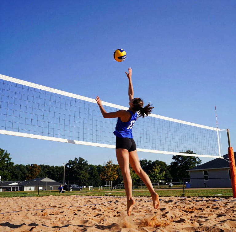 Action portrait of a local recreational volleyball player spiking a ball over the net on an outdoor sand court in Ohio, dynamic low-angle, bright daylight, high-contrast royal blue and orange tones, 35mm.