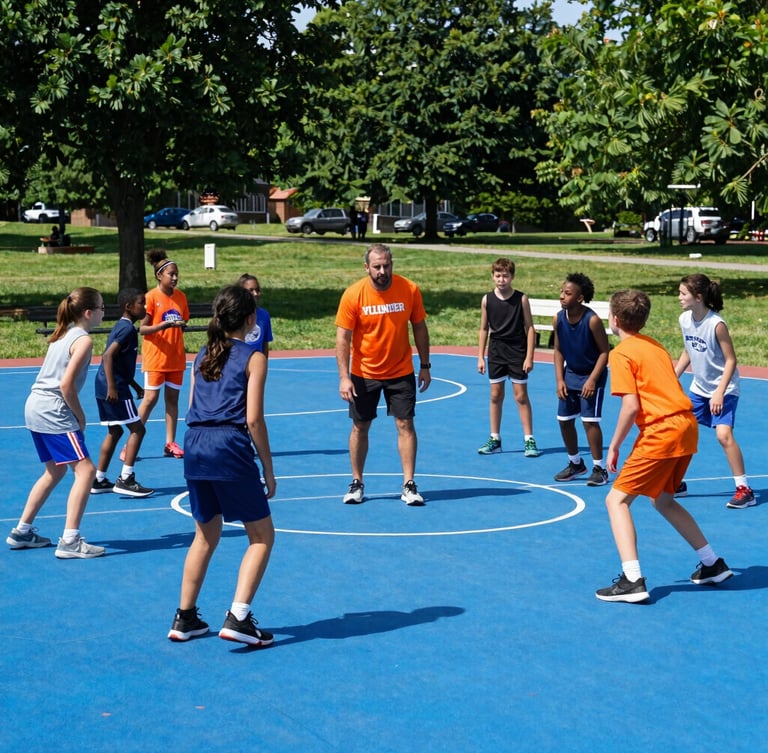 A volunteer coach in an orange athletic shirt instructing a diverse group of children on an outdoor basketball court, bright daylight, authentic Ohio park setting.