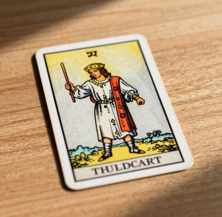 Macro detail of a single classic tarot card resting on a plain wooden table, sharp afternoon shadows, scholarly aesthetic