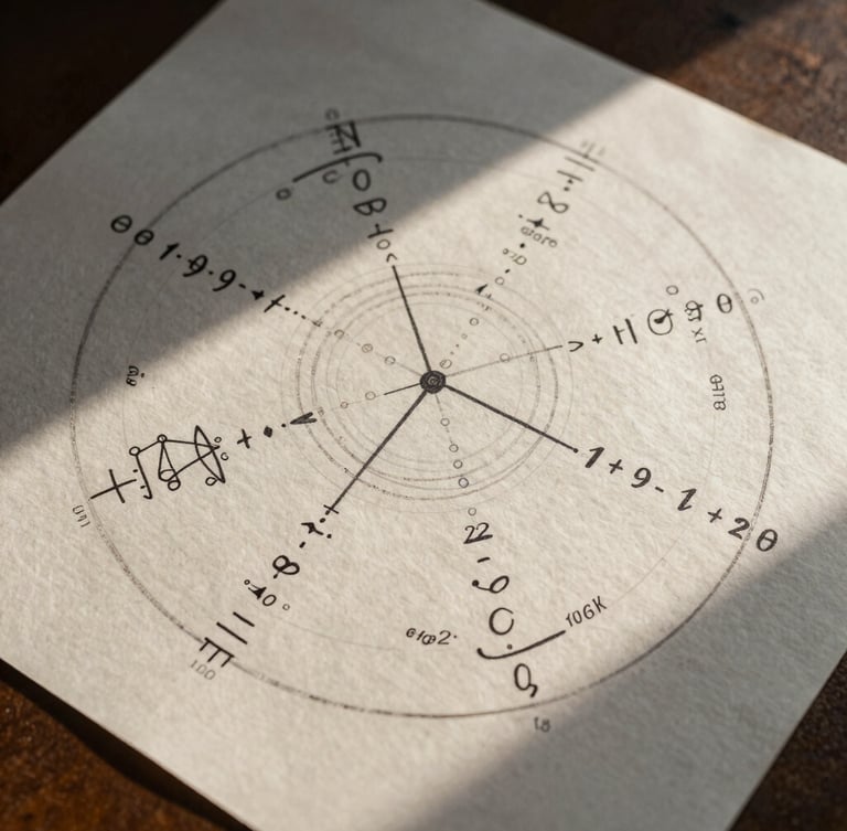 Overhead flat-lay of a hand-drawn mathematical natal chart on heavy cotton paper, sharp architectural shadows, natural late afternoon side-light.