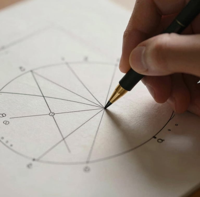 Close-up macro detail of a hand tracing a geometric line on a heavy paper natal chart, natural side-lighting, deep shadows.