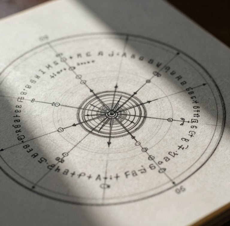Macro shot of a heavyweight cotton paper natal chart with hand-drawn geometric lines and ink annotations, soft side-lighting with deep shadows