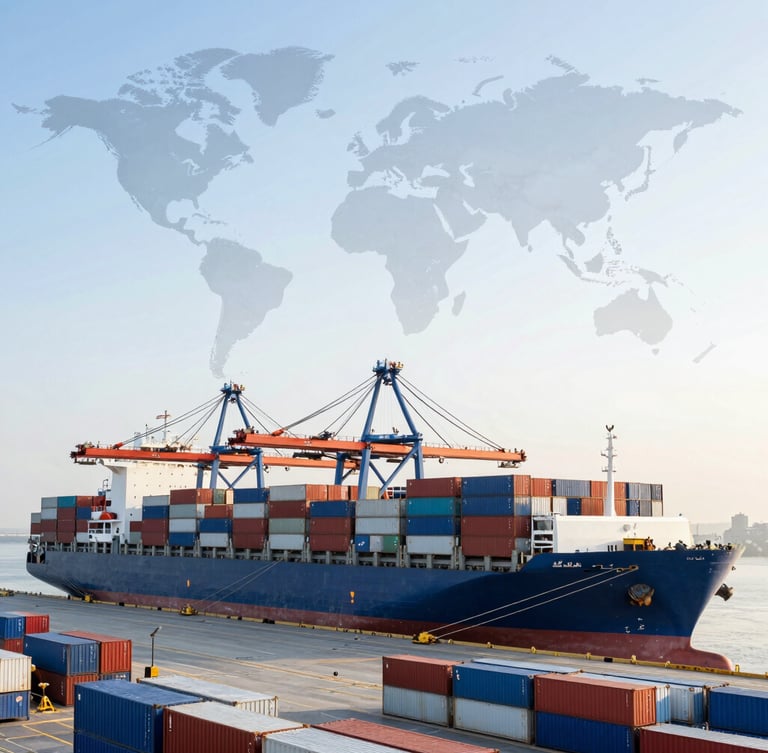Wide panoramic shot of a modern, busy shipping port at sunrise, cargo ships docked, containers stacked neatly, with a subtle overlay of a world map highlighting Brazil, China, Ukraine, Turkey, Argentina, and Poland. Clean, crisp daylight.