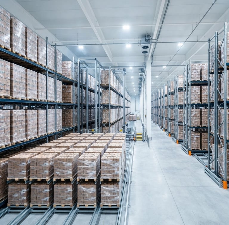Wide shot of a pristine, modern automated cold-storage facility, rows of neatly stacked frozen poultry pallets, bright high-key studio lighting, clean cool tones, sharp focus, professional editorial style.