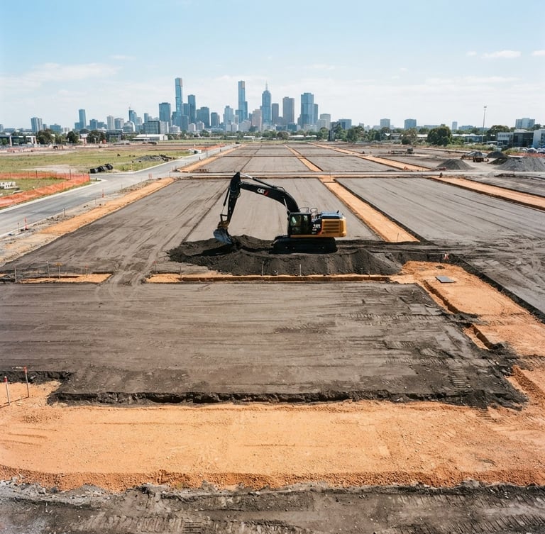 Wide shot of a perfectly leveled construction site with a modern excavator in the background, sharp lines, bright natural daylight, high-contrast black and orange tones, editorial 35mm