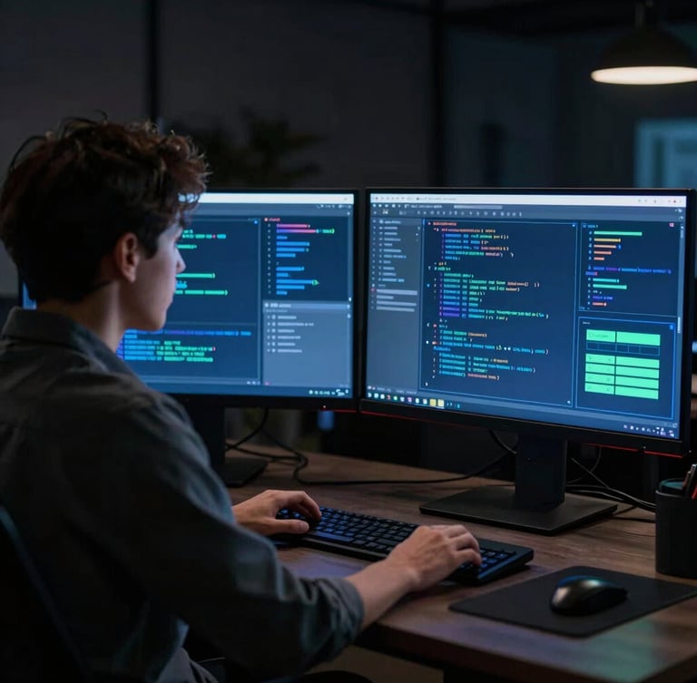 Over-the-shoulder shot of a developer and a designer collaborating in a dark-mode studio, screens glowing with electric blue code and neon mint UI mockups, dramatic low-key studio lighting, 35mm