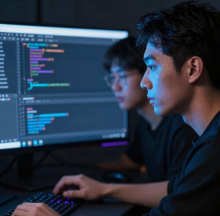 Close-up of a software developer and designer working together in a dark studio, neon electric blue reflections on their faces, code editor visible on a large screen in the background, 35mm photography, sharp focus