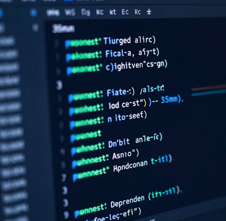 Macro shot of a dark mode code editor with neon electric blue and mint green syntax highlighting, overlaid with abstract glowing digital marketing analytics charts, 35mm lens, sharp focus