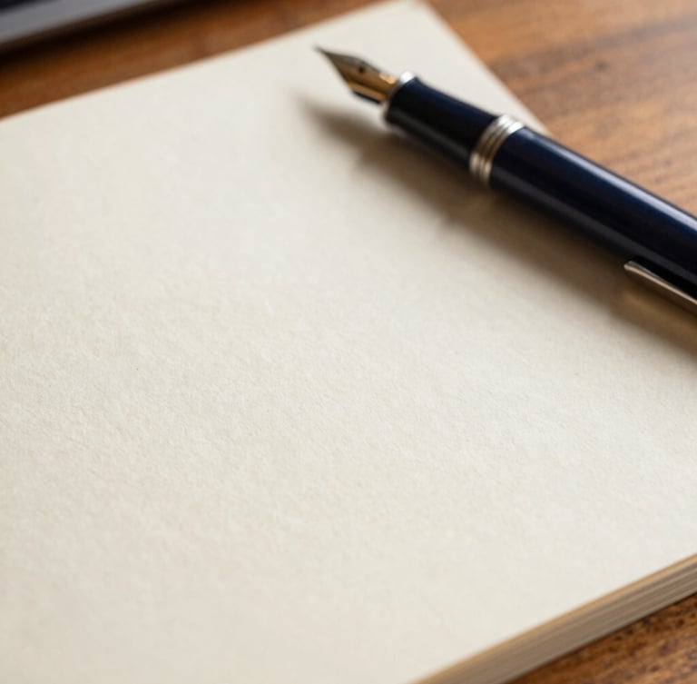Close-up detail of fine textured cotton paper documents, a classic fountain pen, and a warm wooden table in a sunlit office, shallow depth of field, premium editorial style