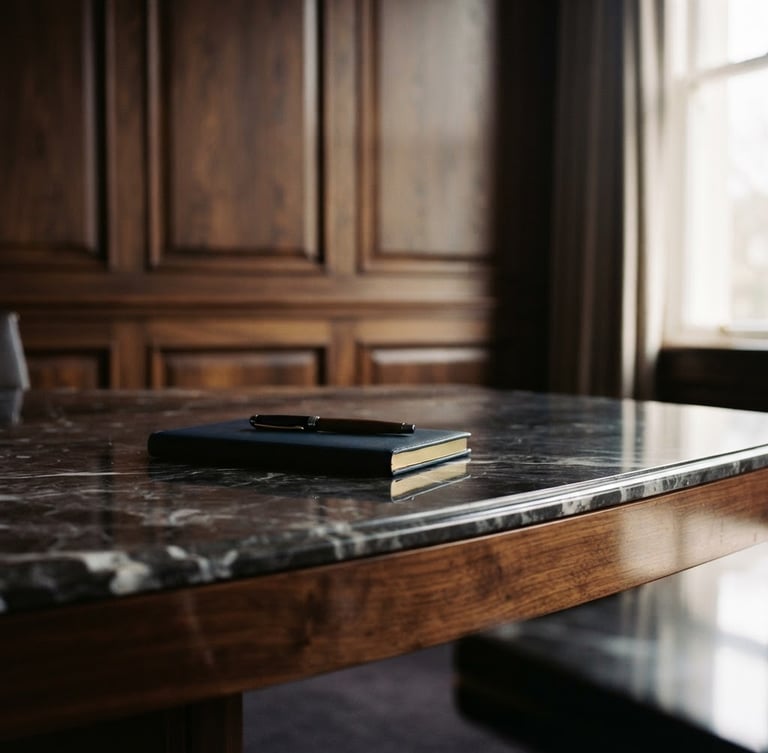Close-up of elegant dark wood panelling in a silent boardroom, soft natural window light reflecting off a polished marble table, deep navy tones, high-end editorial photography.