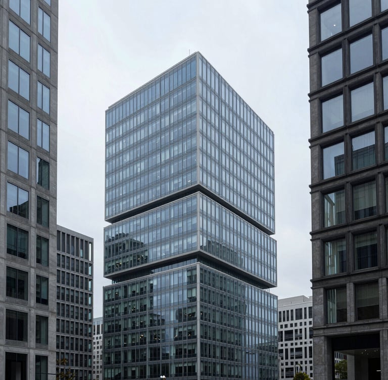 Cool architectural photography of Waterloo business district, clean modern glass facades, bright overcast daylight, sharp focus, 35mm