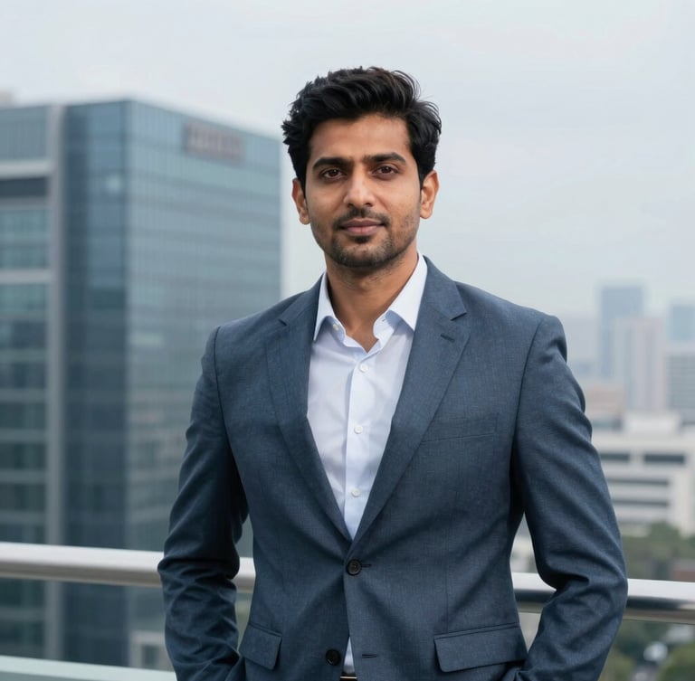 Professional portrait of Jenish Mangukiya in a modern Waterloo office, cool overcast daylight, sharp focus, 35mm, slate blue tones.