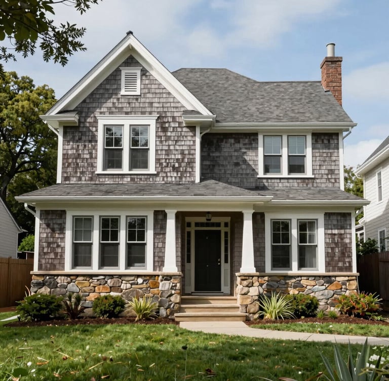 Bright natural daylight shot of a classic Oakland craftsman home exterior, showing detailed wood shingle siding and stone foundation work, clean composition with green foliage.