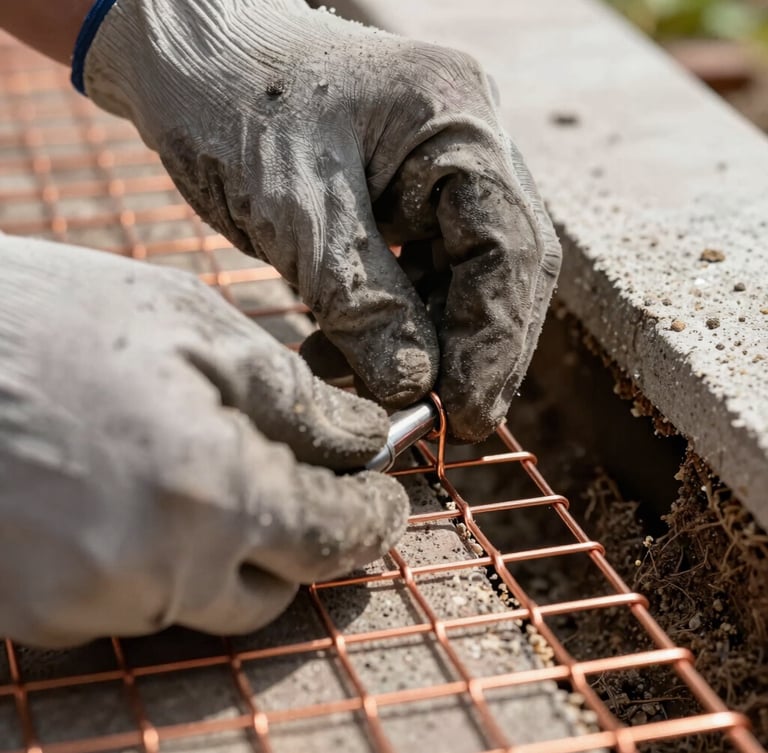 Macro close-up of a technician's hands in heavy work gloves securing a copper mesh barrier into a foundation gap of an Oakland home, high-contrast daylight.