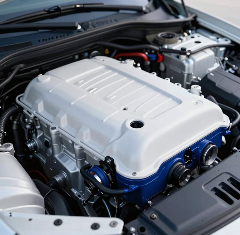 Sharp commercial automotive photography of a clean modern engine bay, cold crisp daylight, high-contrast white and deep blue tones, ultra-detailed macro lens