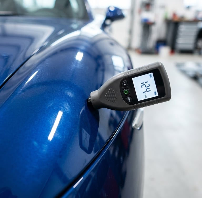 Macro technical shot of a digital paint-depth gauge measuring an immaculate Porsche chassis, cold crisp daylight, high-contrast white and deep blue tones, ultra-detailed macro lens