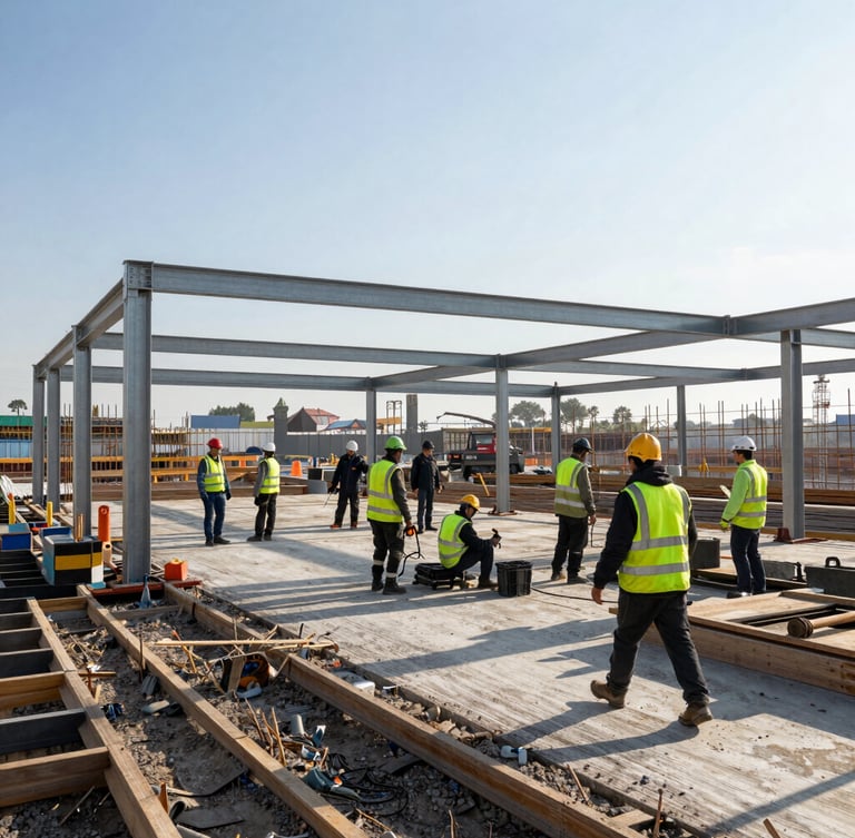 Wide environmental shot of an active commercial construction site in morning light, workers wearing high-vis PPE, structural steel framing visible