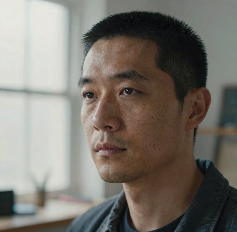 A close-up portrait of an artist in their studio, soft window light, desaturated tones, medium format grain