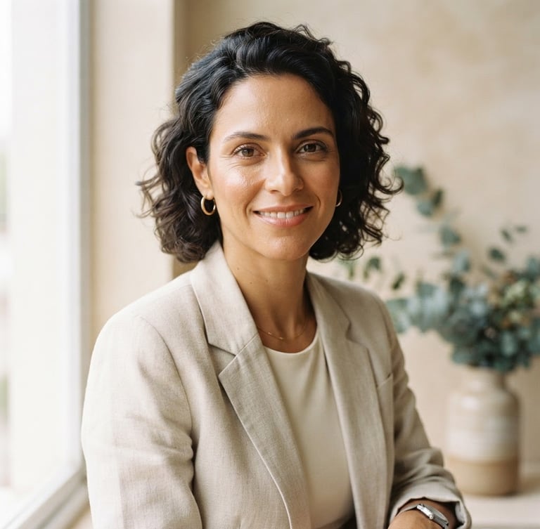 Close-up portrait of Micheli Vieira Queiroz, mid-30s, warm and professional, with soft diffused natural daylight, pale sand and eucalyptus tones, 35mm. She is looking confidently towards the viewer, with a serene studio background.