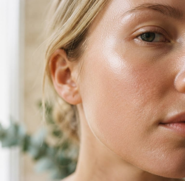 Close-up of healthy, glowing skin on a cheek, soft diffused natural daylight, pale sand and eucalyptus tones, 35mm