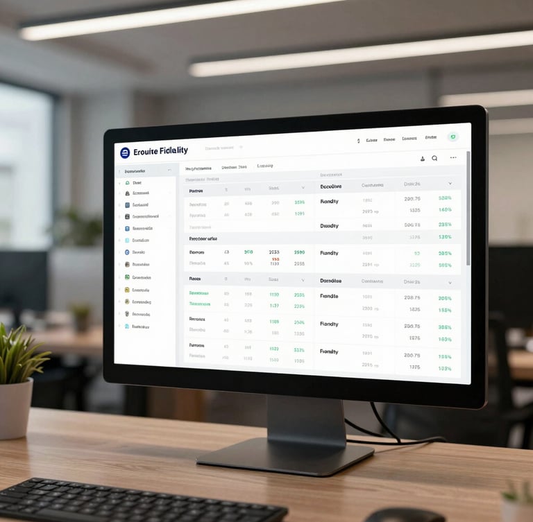 High-fidelity, crisp UI mockup of an executive financial dashboard on a dark slate monitor screen, soft top-down office lighting, clean data tables visible, wide cinematic composition.