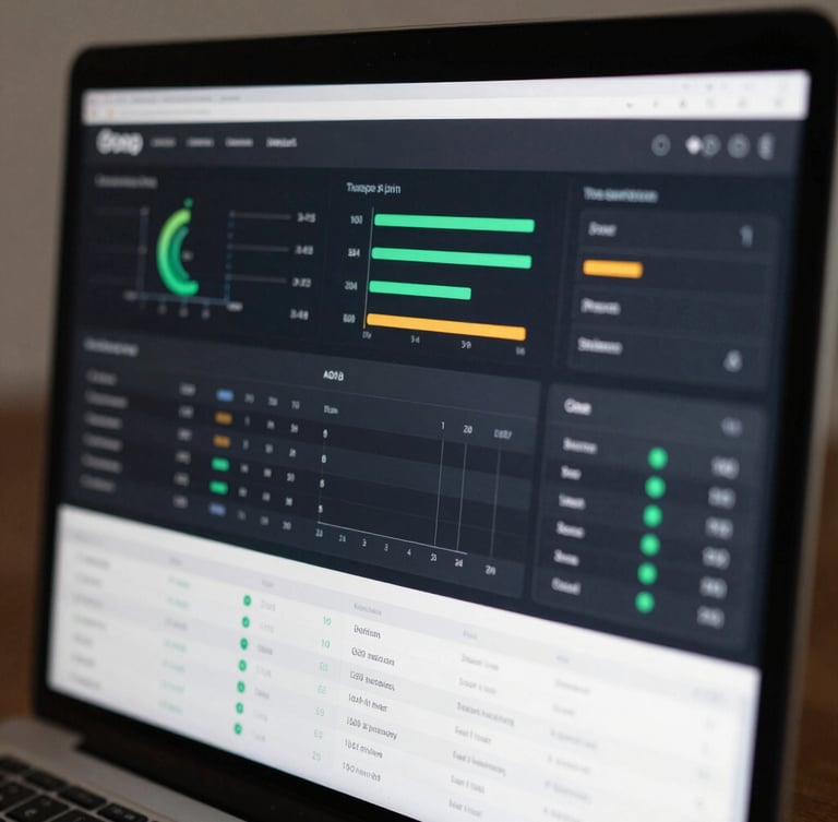A crisp UI mockup of an operational dashboard on a dark screen, showcasing clean data pipelines, green and amber metrics, and structural tables.