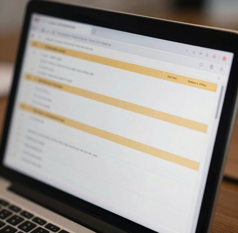 Close-up of a high-resolution dark screen displaying clean database sheets with gold highlights, shallow depth of field, professional corporate photography