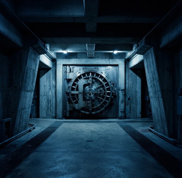 Wide panoramic of a brutalist concrete vault entrance, heavy steel door, low-key blue lighting, sharp shadows, symmetrical composition, 35mm