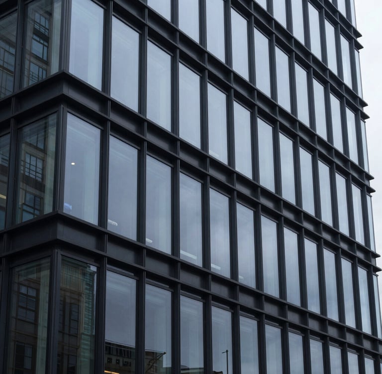 Macro perspective of architectural glass and clean structural lines of a modern financial institution, cool overcast daylight, sharp focus, deep slate tones, 35mm