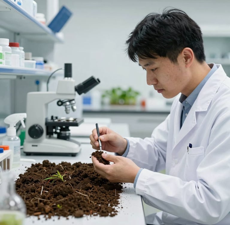 Professional agronomist in a clean laboratory setting, examining soil samples with scientific equipment, bright laboratory lighting, sharp focus on precision tools.