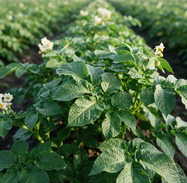Professional agricultural photography, close-up of vibrant green potato crop leaves in a structured field, crisp morning daylight, sharp focus, 35mm