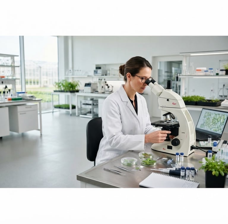 Agronomist in a modern agricultural laboratory, examining plant tissue under a microscope, with clean, bright lighting. A wide panoramic view with ample negative space to the left.