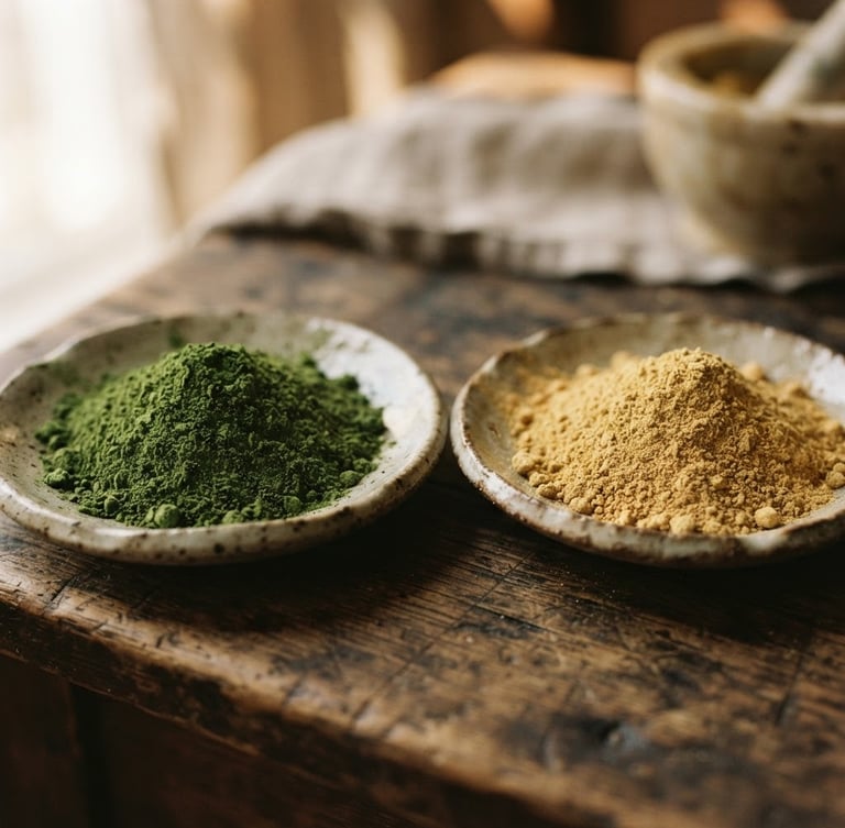 Earthy macro shot of raw green moringa and golden amla powders in simple textured ceramic plates, warm soft side-lighting, 35mm photography