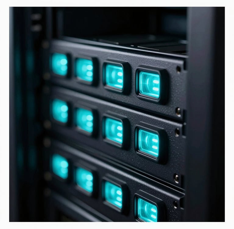 Macro close-up of a dark server rack with glowing neon cyan indicator lights, sleek technical photography, depth of field