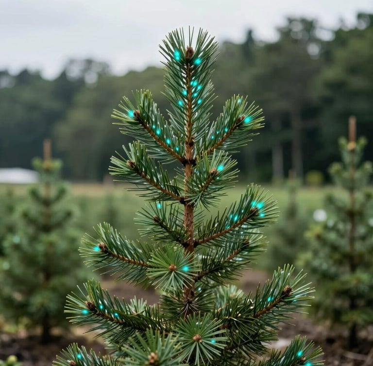 Tight macro shot of a young pine sapling in a structured nursery, crisp overcast daylight, deep forest green background, sharp focus, 35mm