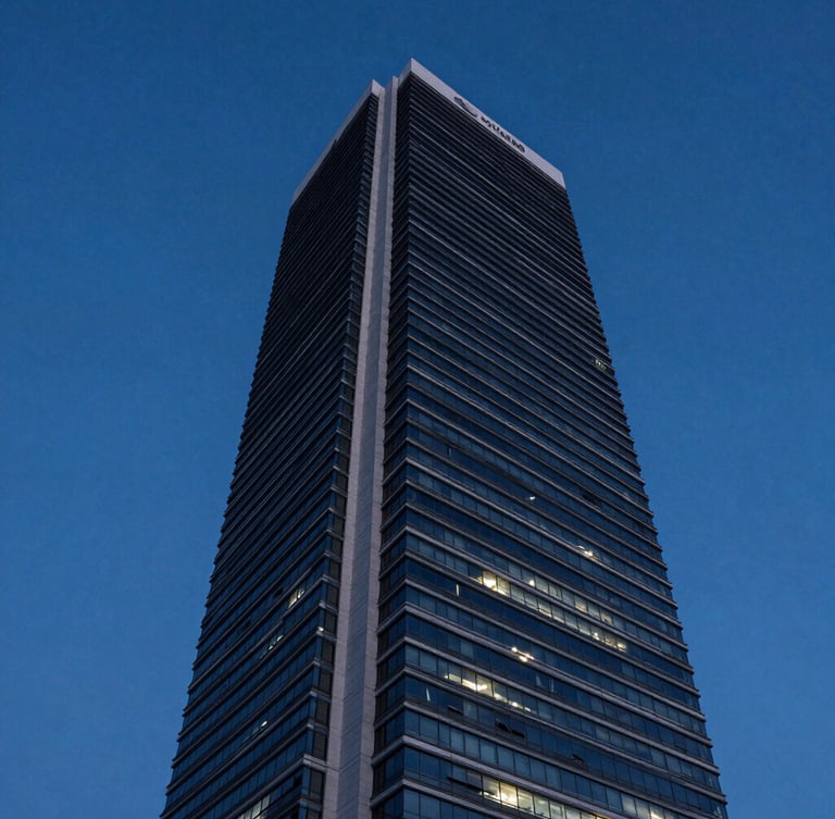 Low-angle dramatic twilight shot of a modern skyscraper in Balneário Camboriú, clean geometric lines against a deep blue hour sky, negative space on the left.