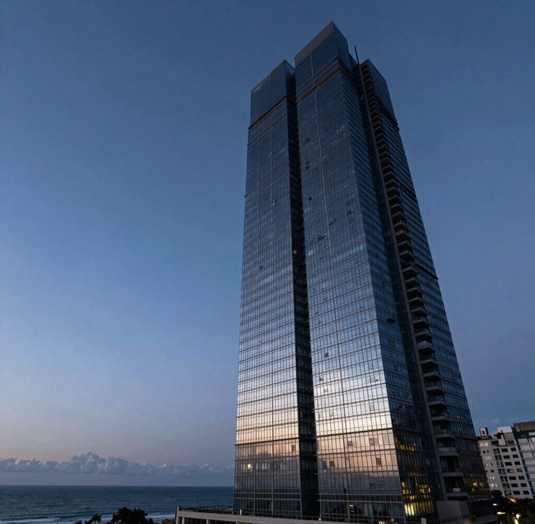 Low-angle dramatic twilight shot of a modern glass skyscraper in Balneário Camboriú, crisp architectural lines reflecting the blue hour sky, deep ocean horizon in the background, negative space on the left